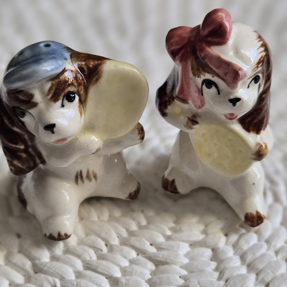 Vintage Pickleball Pups Salt and Pepper Shakers Boy Girl Dogs Tennis Player